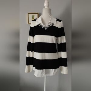 Blouse INC International Concepts  Black White Stripes Embellished Neck Size L